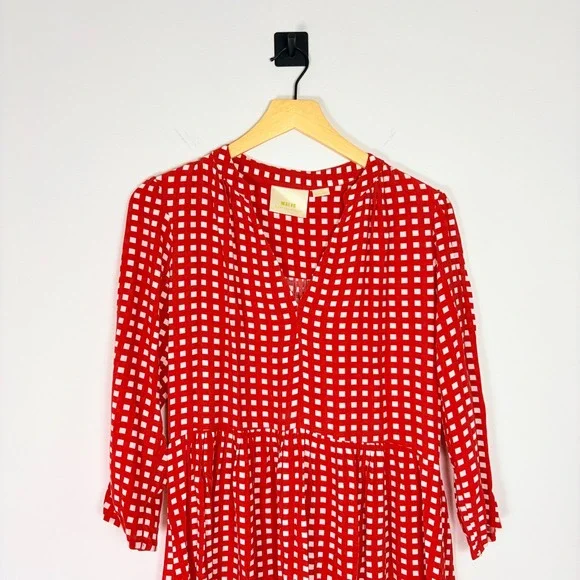 Maeve Anthropologie Red White Gingham Check V-Neck Mini Dress XS Picnic Spring - Picture 3 of 7